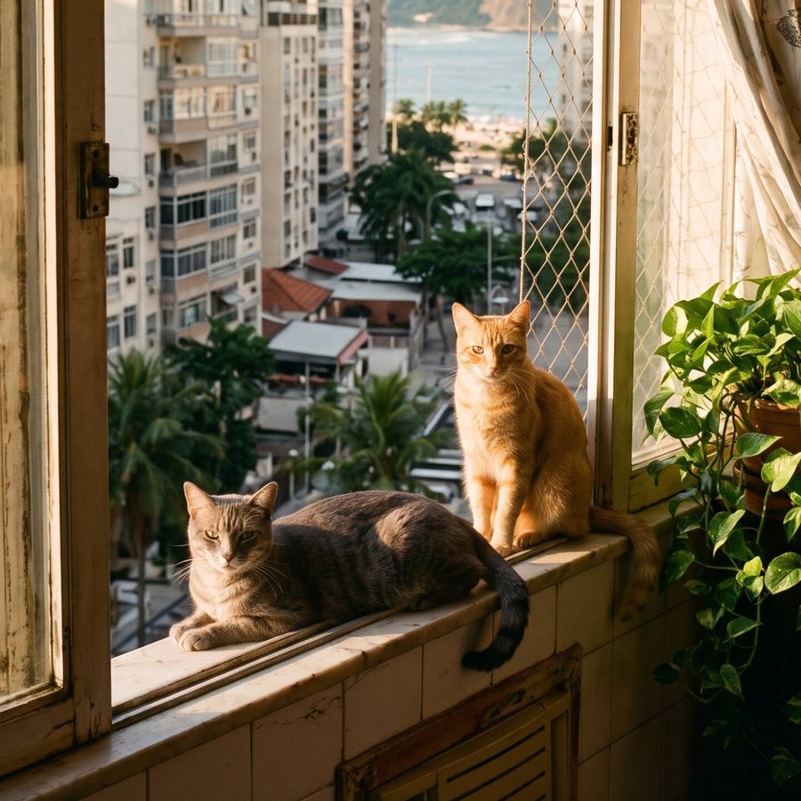 Luna, uma gata cinza deitada, e Fred, um gato laranja sentado, na janela com rede de proteção de um apartamento em Copacabana
