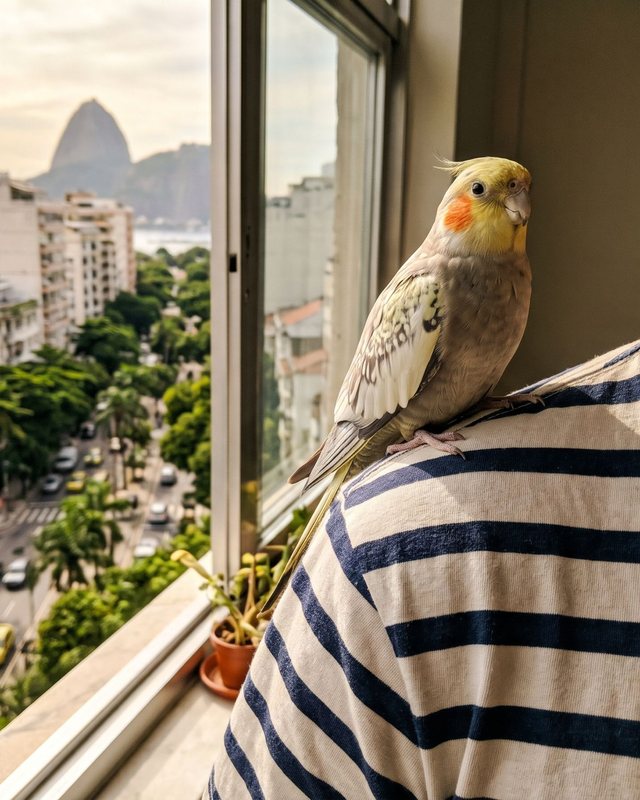 Pipoca, a calopsita, num ombro de camiseta listrada, com o Pão de Açúcar ao fundo
