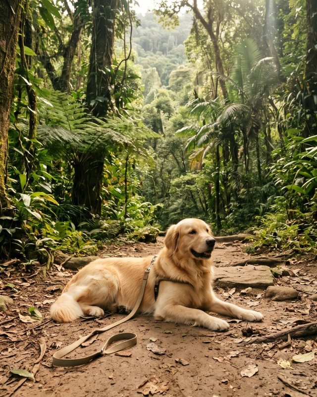 Thor, um golden retriever, deitado numa trilha da Floresta da Tijuca