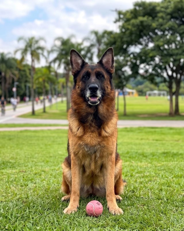Zoe, uma pastora-alemã, sentada na grama do parque com a bolinha rosa entre as patas
