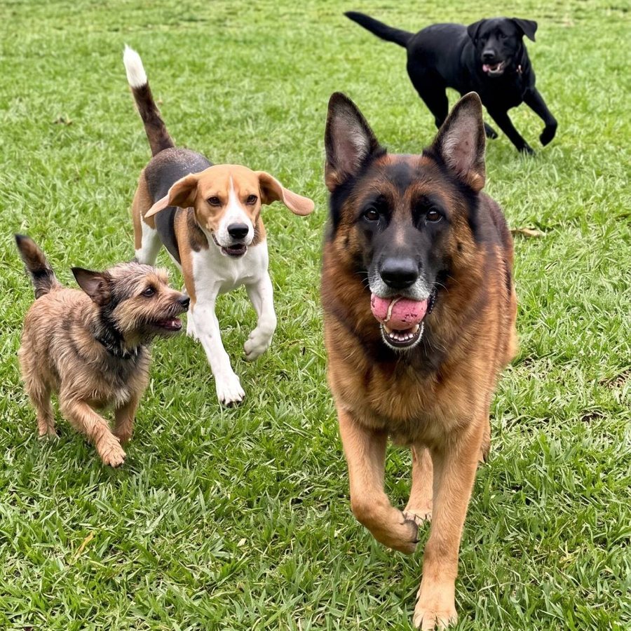 Zoe, uma pastora-alemã com uma bolinha rosa na boca, correndo com um beagle, um vira-lata e um labrador no Parque Villa-Lobos